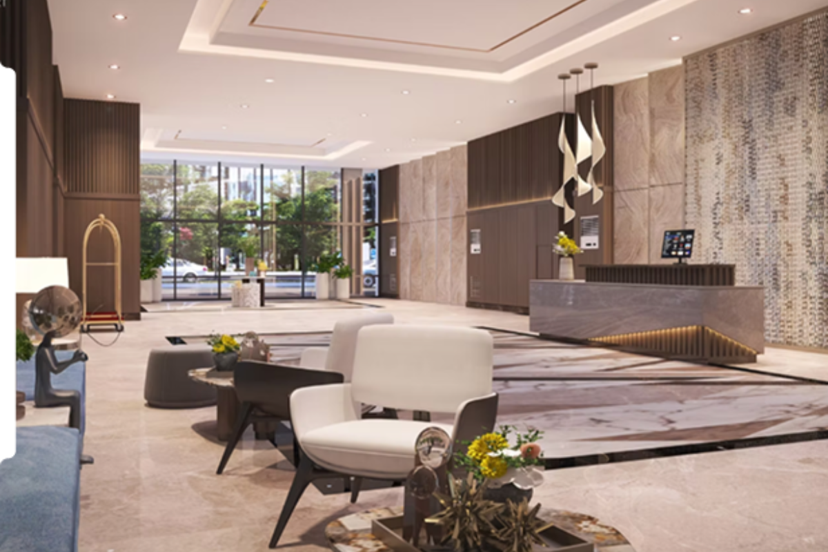 A render of the lobby at Uptown Arts Residence